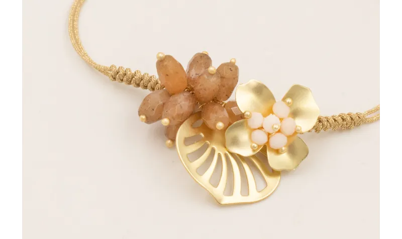 Pulsera hoja calada dorada mate,ovalos facetados p