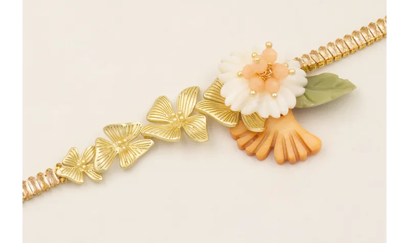 Pulsera cadena strass rectangular cristal, flores 