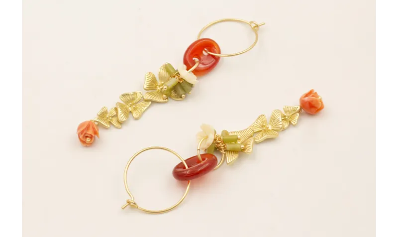 Pendientes aro pequeño, eslabón jade marrón, trio 