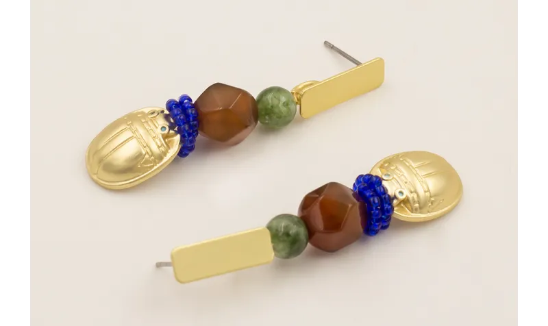 Pendientes escarabajo dorado mate, bolas verdes, f