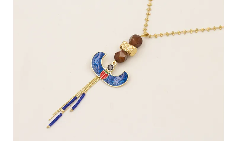 Collar esfinge egipcia esmalte azul, facetadas mar