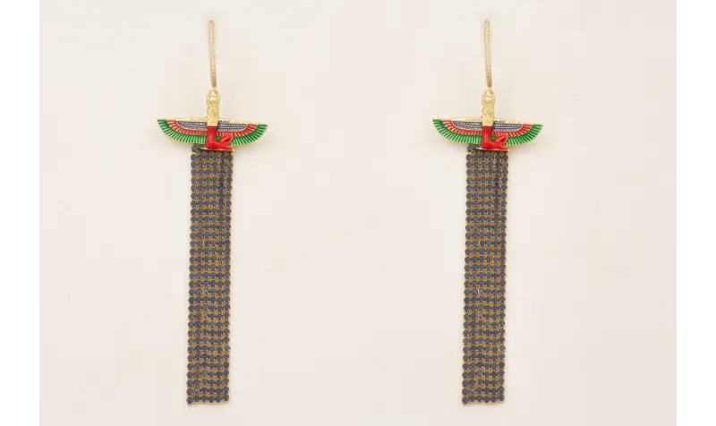 Pendientes fleco strass azul marino con esfinge Is