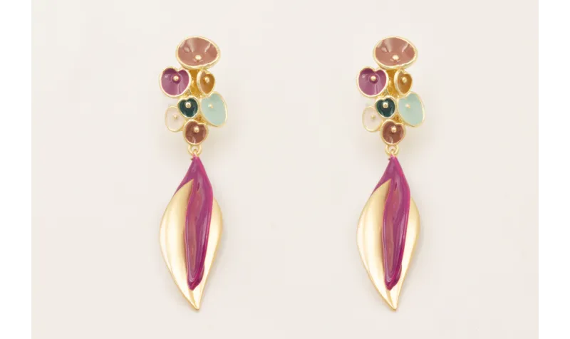 Pendientes perno flores esmaltadas marrón,turquesa