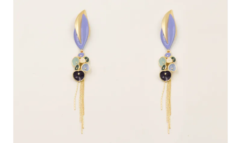 Pendientes hoja bicolor oro mate y azul con colgan