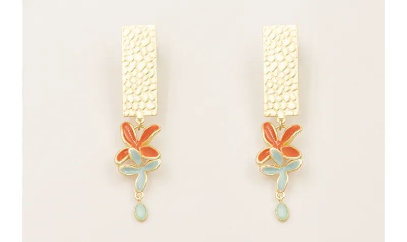 Pendientes flores esmaltadas turquesa y teja colga
