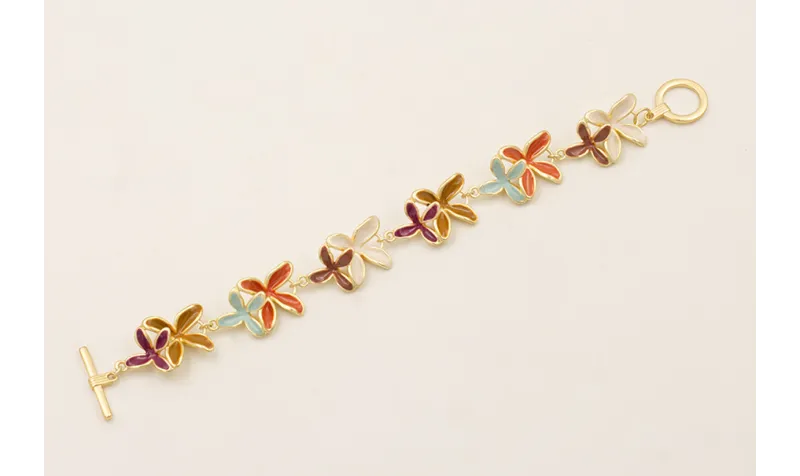 Pulsera flores dobles esmaltadas turquesa, teja, b