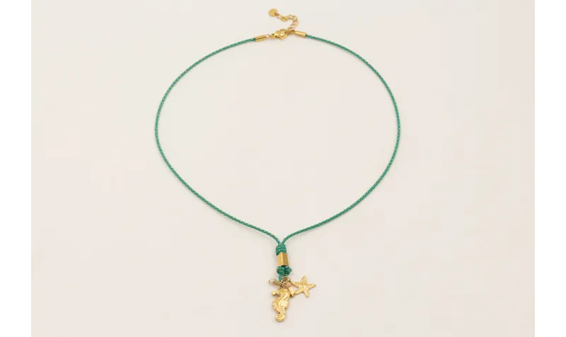 Collar cordón hilo dorado color turquesa con colga