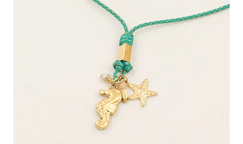 Collar cordón hilo dorado color turquesa con colga