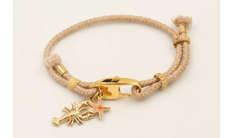Pulsera cordón hilo dorado color beige con cierre 