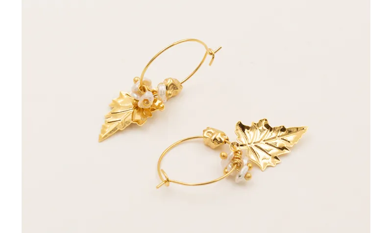 Pendientes aro con colgante hoja, piedra irregular