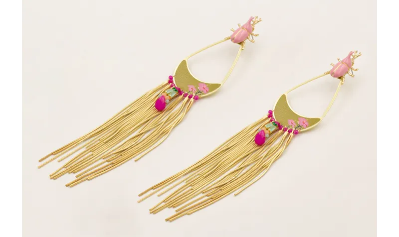 Pendientes escarabajo rosa, pieza pendulo flores l