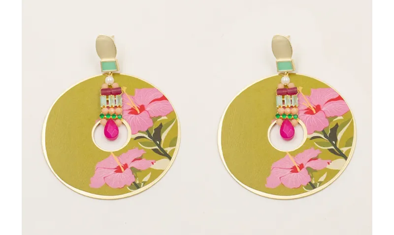 Pendientes cuadrado turquesa con disco flores lila