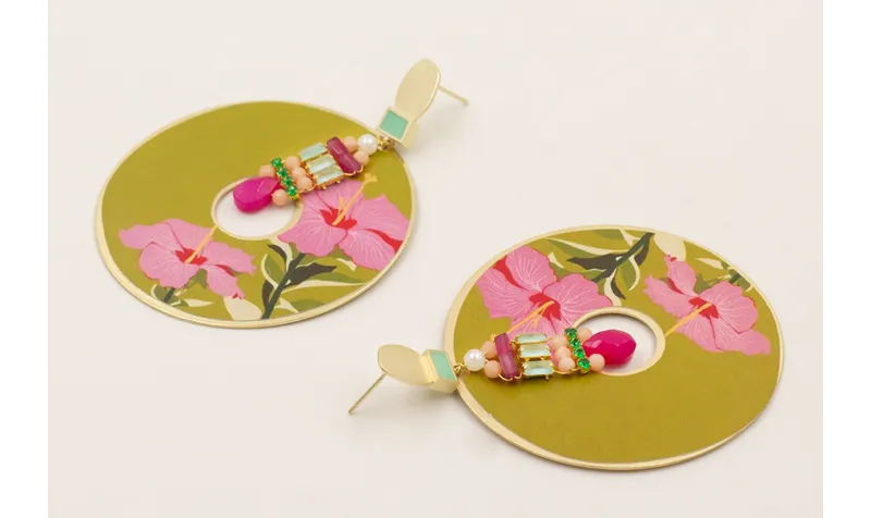 Pendientes cuadrado turquesa con disco flores lila