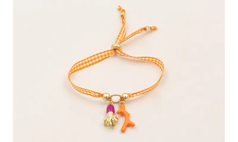 Pulsera lazo vichy naranja con rama coral esmalte 
