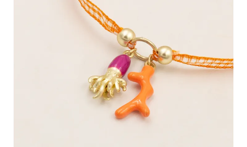 Pulsera lazo vichy naranja con rama coral esmalte 