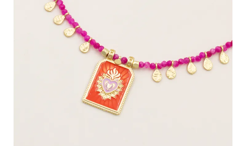 Collar facetadas piedra cuarzo fucsia con colgante