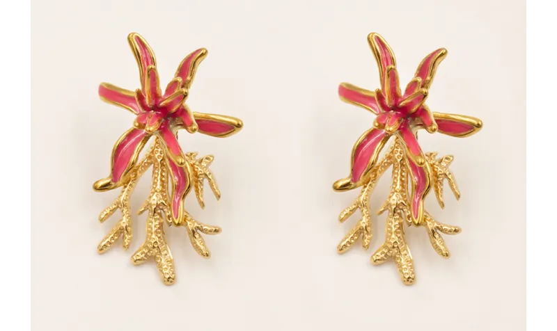 Pendientes flor irregular esmalte rosa y colgante 