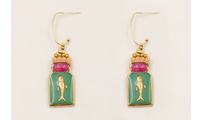 Pendientes colgante chapa pez esmalte verde, pepit