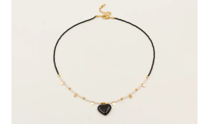 Collar miyuki negro, perlitas naturales, colgante 