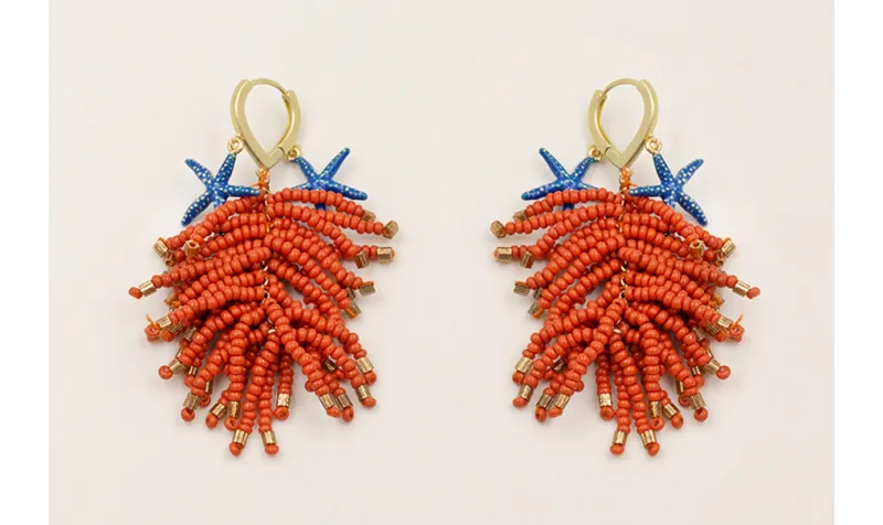 Pendientes floco abalorio naranja, estrellas esmal