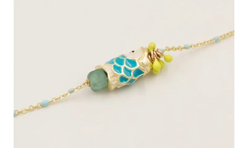 Pulsera cadena micro esmalte turquesa, centro cubo