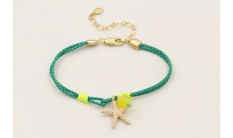 Pulsera cordón turquesa con hilo dorado, nudo fals