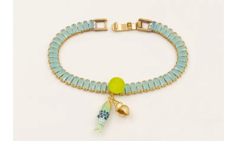 Pulsera cadena strass piedra azul opaco con disco 