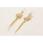 Pendientes semi ovalado con brillos, flecos dorado