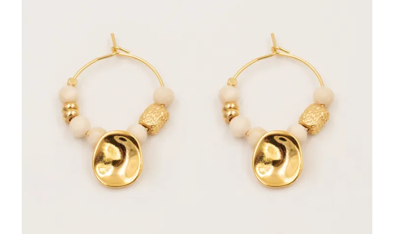 Pendientes ORO18K aro, facetadas piedra cuarzo cre