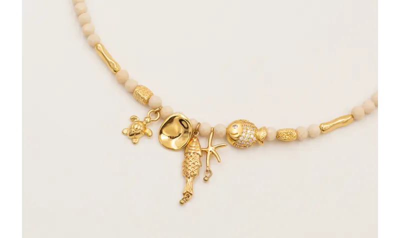 Collar ORO18K facetadas piedra cuarzo crema, pez, 