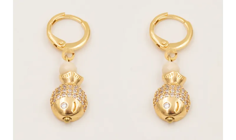 Pendientes ORO18K cierre con pez brillos cristal, 
